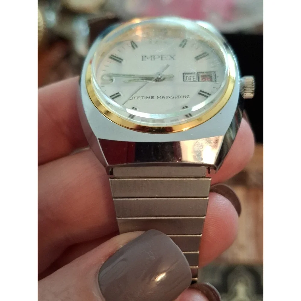 Impex Mens Mechanical  Watch. Lifetime Mainspring,  Date, Stretch Bracelet Band.